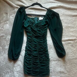 Hello Molly Dark Green Ruched Long-Sleeve Mini Dress